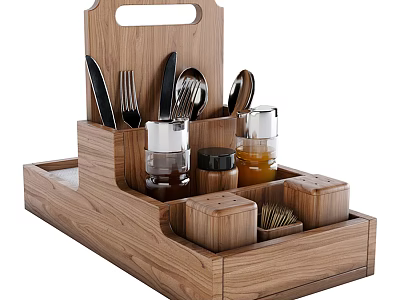 Wooden Kitchen Organizer With Knives Forks Spoons Spice Jars And Salt Pepper Shakers 3d model