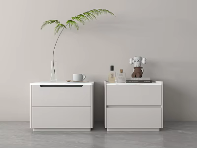 Modern White Bedside Tables With Drawers Glass Vase Green Plant Mug And Decorative Items 3d model