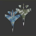 Two Military Fighter Jets With Blue And Green Camouflage Patterns