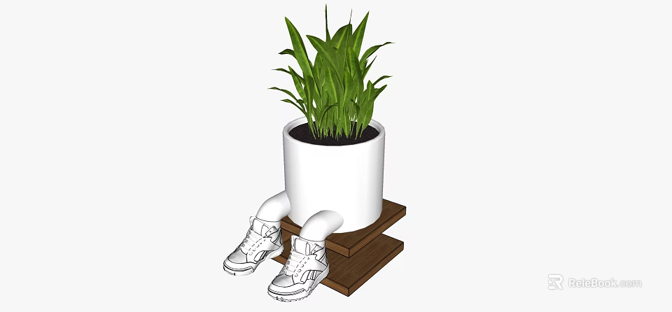 Bonsai Potted Plant With Green Leaves In White Pot On Wooden Two Tier Stand 3d model 