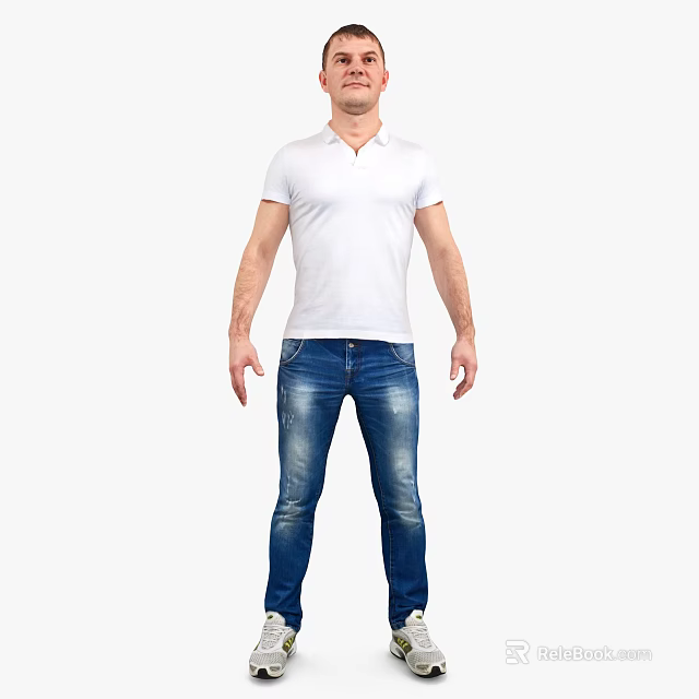 Man Wearing White Polo Shirt And Blue Jeans In Standing Position 3d model