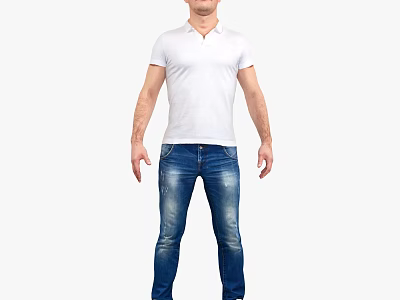Man Wearing White Polo Shirt And Blue Jeans In Standing Position 3d model