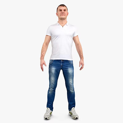 Man Wearing White Polo Shirt And Blue Jeans In Standing Position 3d model