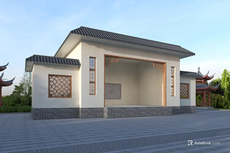 Ancient Chinese Architecture With White Walls Grey Tiled Roof And Carved Windows 3d model 