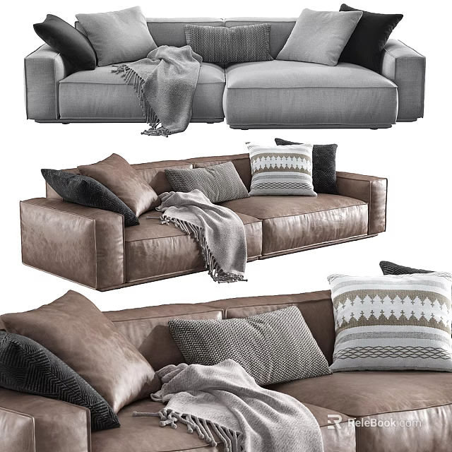 Modern Stylish Sofa Set With Gray Brown Leather And Decorative Pillows Throw Blanket 3d model 