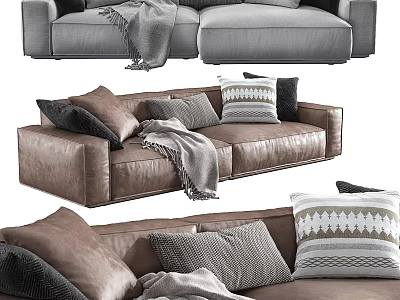 Modern Stylish Sofa Set With Gray Brown Leather And Decorative Pillows Throw Blanket 3d model