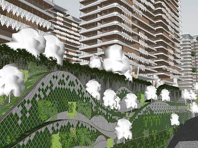 Lush Green Plant Wall Design On Modern High Rise Building Exterior With Geometric Structure 3d model