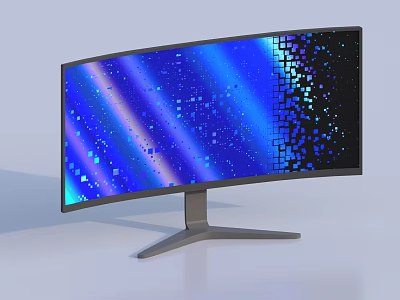 Modern Curved Computer Monitor Display With Blue Purple Light Effects And Pixelated Square Patterns 3d model