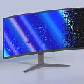 Modern Curved Computer Monitor Display With Blue Purple Light Effects And Pixelated Square Patterns