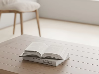Open Book On Wooden Table With Stacked Books In Minimalist Room 3d model
