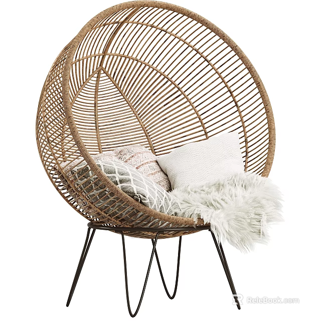 Rattan Round Outdoor Chair With Soft Pillows And Faux Fur Throw On Metal Stand 3d model 