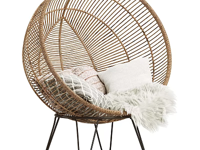 Rattan Round Outdoor Chair With Soft Pillows And Faux Fur Throw On Metal Stand 3d model