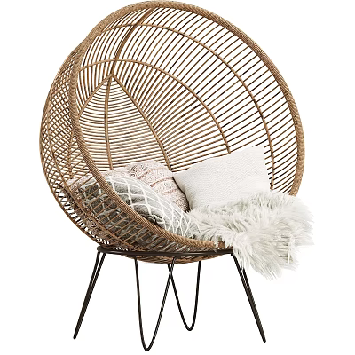 Rattan Round Outdoor Chair With Soft Pillows And Faux Fur Throw On Metal Stand 3d model
