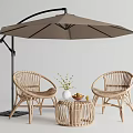 Outdoor Wicker Table And Chairs Set With Large Umbrella Decorative Vase With Flowers And Fruits