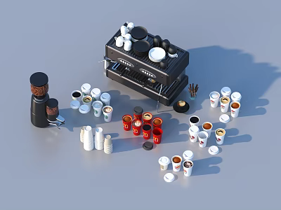 Coffee Beverage Setup Featuring Espresso Machine Various Coffee Cups And Bean Jar 3d model