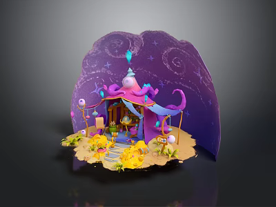 Cute Cartoon Magical Cottage Scene With Purple Spiral Decor Steps And Yellow Flowers 3d model