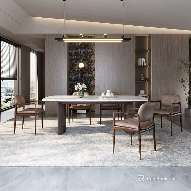 Elegant Modern Restaurant Interior With Dining Table Leather Chairs Pendant Lighting And Textured Wall 3d model 