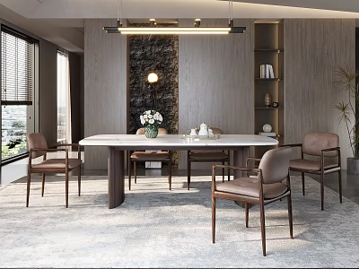 Elegant Modern Restaurant Interior With Dining Table Leather Chairs Pendant Lighting And Textured Wall 3d model