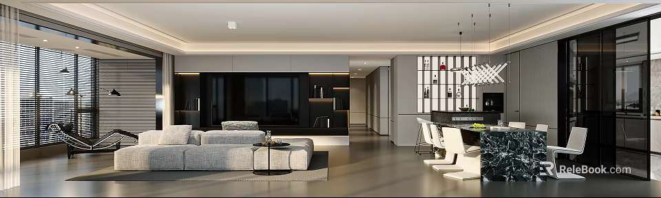 Modern Minimalist Open Plan Living And Dining Room With Cozy Sofa And Stylish Dining Sets 3d model 