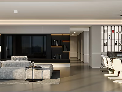 Modern Minimalist Open Plan Living And Dining Room With Cozy Sofa And Stylish Dining Sets 3d model