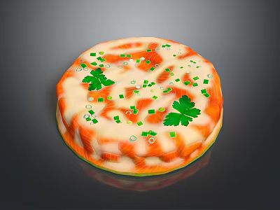 Colorful Round Dessert With Orange Stripes Parsley Chopped Green Onions And White Sauce 3d model