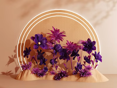 Dreamy Photo Spot With White Circular Neon Light And Purple 3D Flowers 3d model