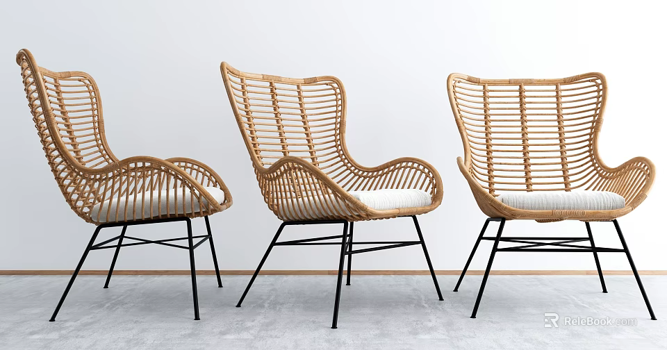 Three Modern Rattan Leisure Chairs With Black Metal Legs And White Cushions 3d model 