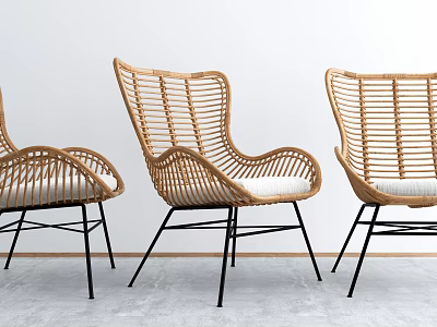 Three Modern Rattan Leisure Chairs With Black Metal Legs And White Cushions 3d model