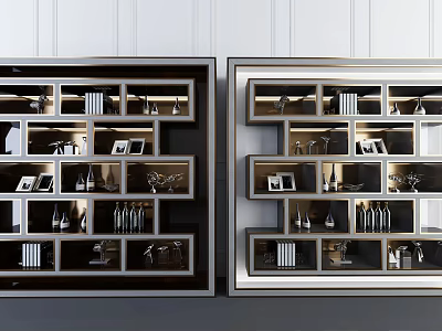 Modern Wine Cabinet With Multiple Shelves Wine Glasses And Decorative Items 3d model