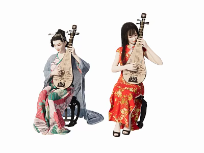 Two Women Playing Pipa In Colorful Traditional Chinese Dresses Seated 3d model
