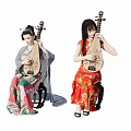Two Women Playing Pipa In Colorful Traditional Chinese Dresses Seated