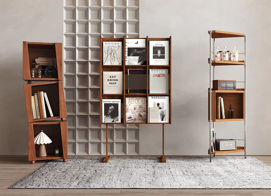 Stylish Wooden Bookshelves with Books Magazines and Decorations in Minimalist Living Space 3d model 