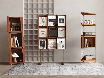 Stylish Wooden Bookshelves with Books Magazines and Decorations in Minimalist Living Space 3d model