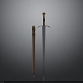 Medieval Metal Sword With Decorative Wooden Handle And Leather Scabbard