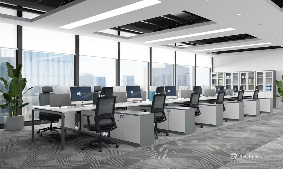 Modern Public Office Area Interior With Workstations Computers Office Chairs Large Windows And Storage Cabinets 3d model