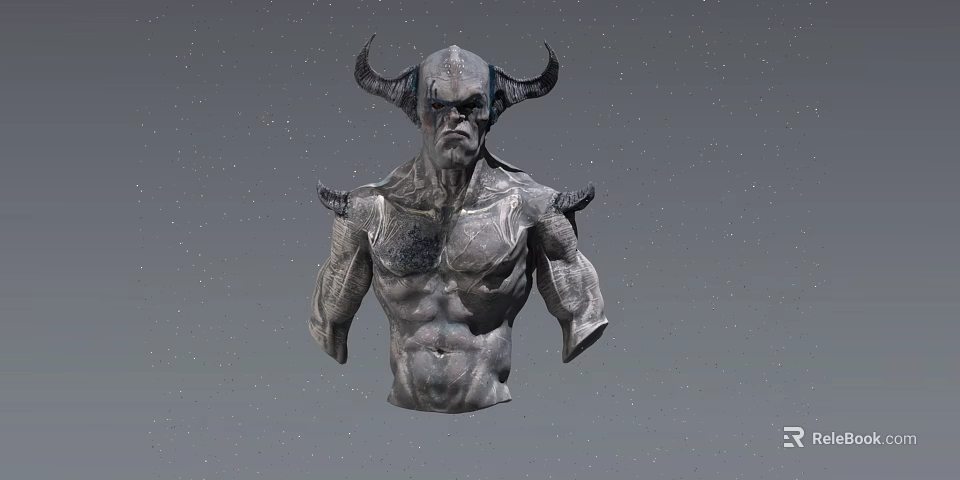 Mythical Horned Creature Bust With Muscular Torso And Intricate Textures Against Starry Grey Background 3d model 