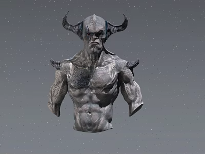 Mythical Horned Creature Bust With Muscular Torso And Intricate Textures Against Starry Grey Background 3d model