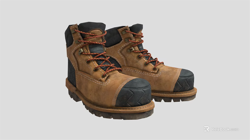 Brown Work Boots with Black Toe Cap Red Black Laces and Thick Durable Sole 3d model 