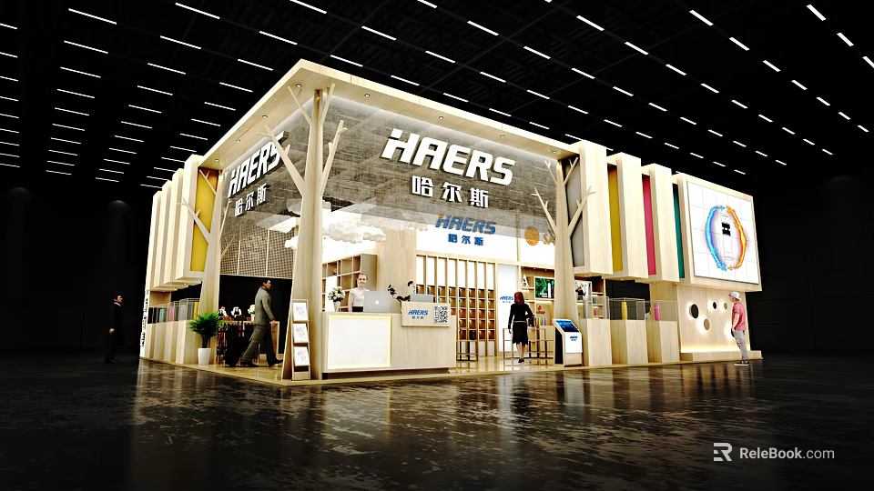 HAERS Exhibition Booth Modern Design With Open Interior Product Displays Counter And People Inside 3d model 