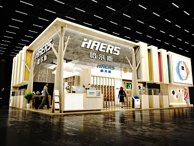 HAERS Exhibition Booth Modern Design With Open Interior Product Displays Counter And People Inside 3d model