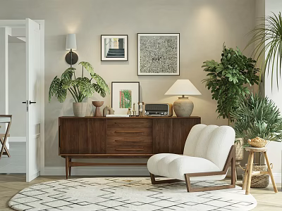 Modern Clubhouse Interior With Wooden Furniture Green Plants And Artworks 3d model