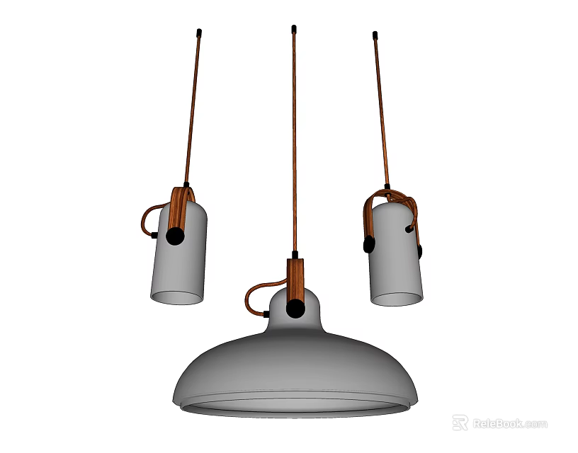 Modern Minimalist Three Hanging Pendant Lights With Gray Shades And Brown Cords 3d model 