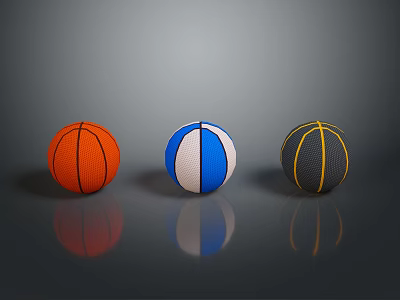 Three Colorful Household Basketballs in Orange Blue White and Black Yellow Hues with Reflections 3d model