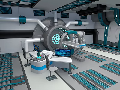 Cartoon Sci Fi Control Room Scene With Mechanical Device Pipes Control Panel And Blue Displays 3d model