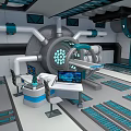 Cartoon Sci Fi Control Room Scene With Mechanical Device Pipes Control Panel And Blue Displays 3d model
