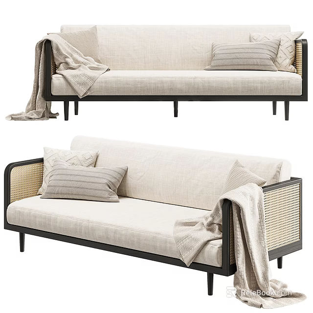 Modern Beige Linen Sofa With Black Frame Rattan Armrests Striped Pillows And Draped Blanket 3d model 
