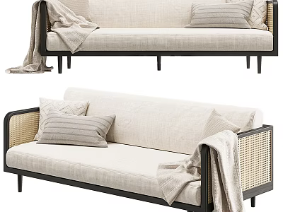 Modern Beige Linen Sofa With Black Frame Rattan Armrests Striped Pillows And Draped Blanket 3d model