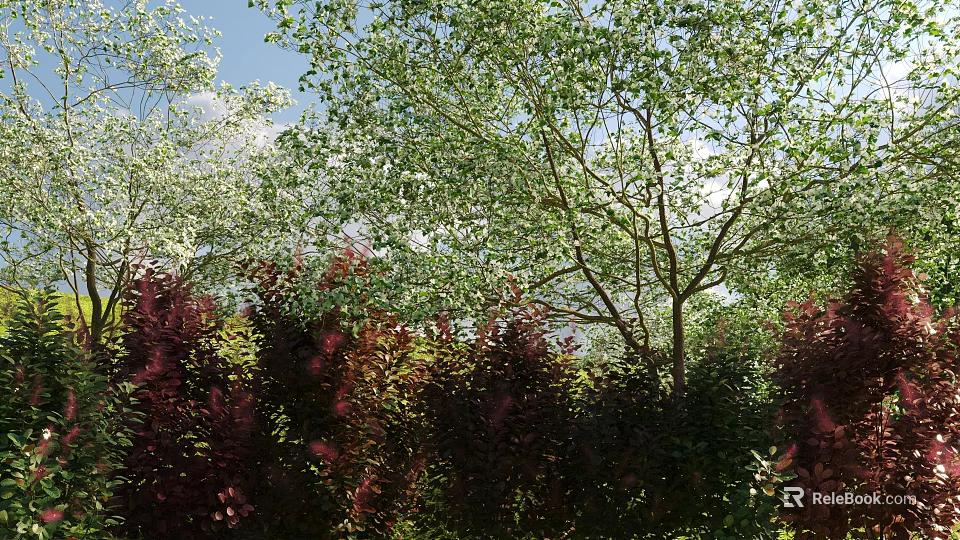 Vibrant Red Shrubs In Natural Outdoor Scene With Lush Green Trees And Blue Sky 3d model 