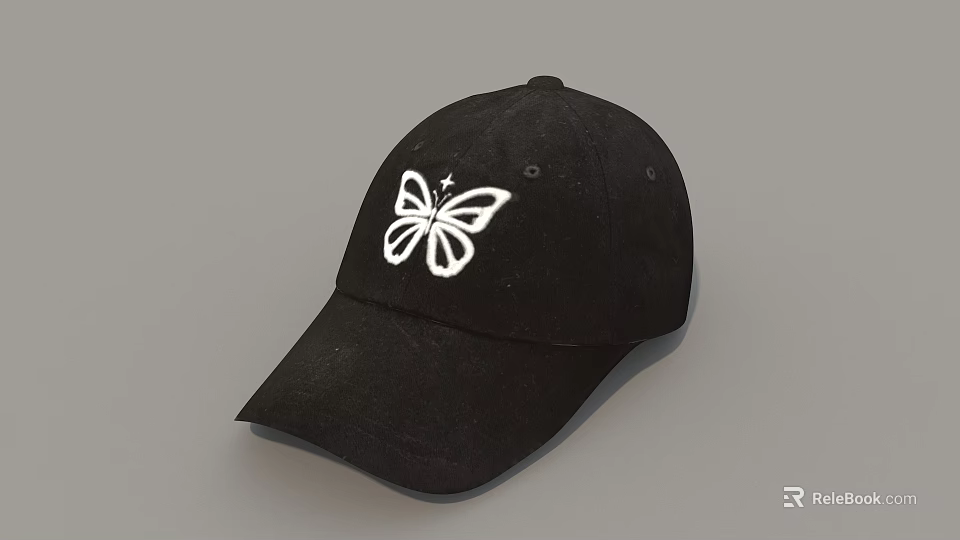 Stylish Black Baseball Cap With White Butterfly Design For Fashionable Outfits 3d model 