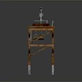Vintage Wooden Apparatus With Multi Layer Shelves And Metal Top Device